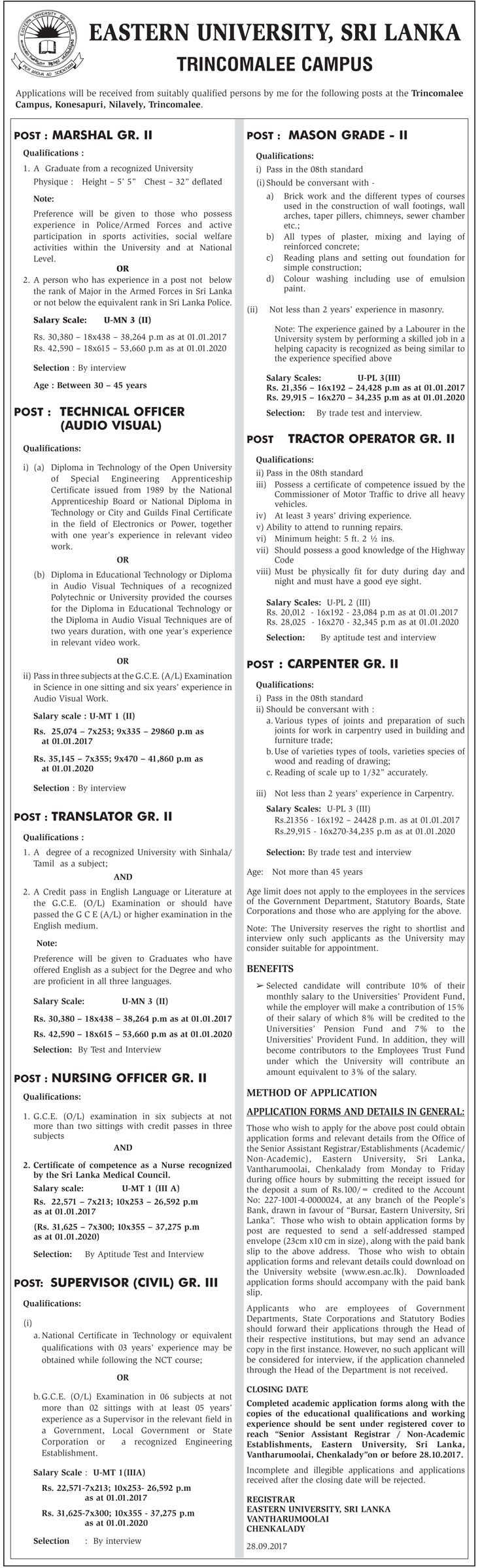 Marshal, Technical Officer (Audio Visual), Translator, Nursing Officer, Supervisor, Mason, Tractor Operator, Carpenter - Eastern University